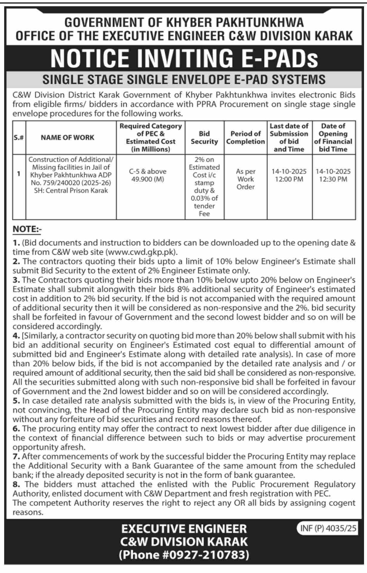Communication & Works Department Karak Tender Notice